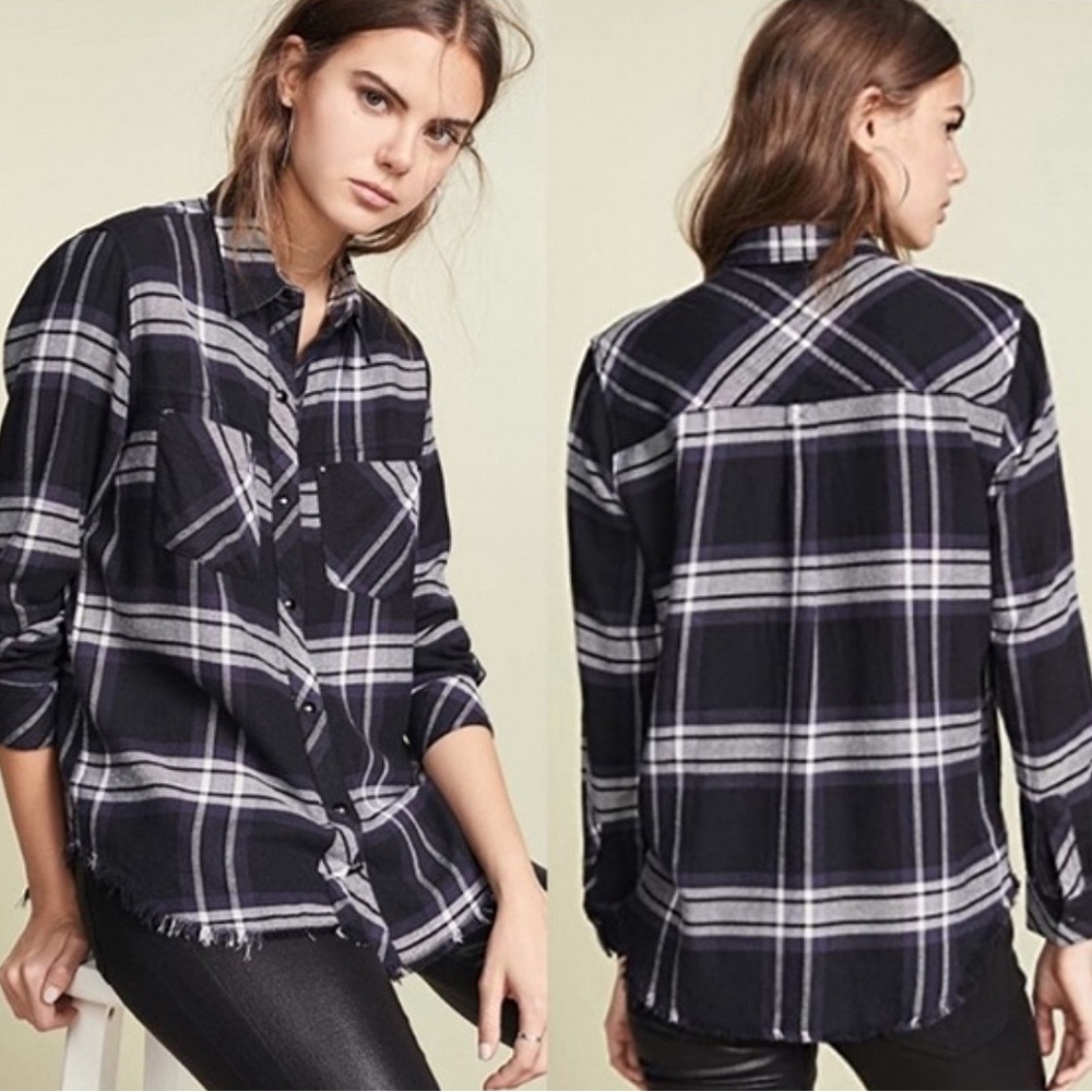 Rails Leo Black Ash White Plaid Fringe Hem Shirt